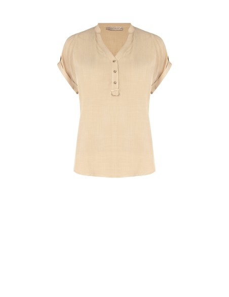 Ruimvallende, soepelvallende viscose blouse met korte mouwen en V-hals van Rinascimento