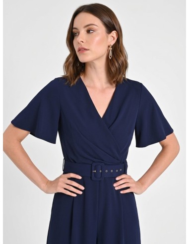 Jumpsuit van soepelvallende stof met bijpassende stevige riem en overslaghals, Rinascimento