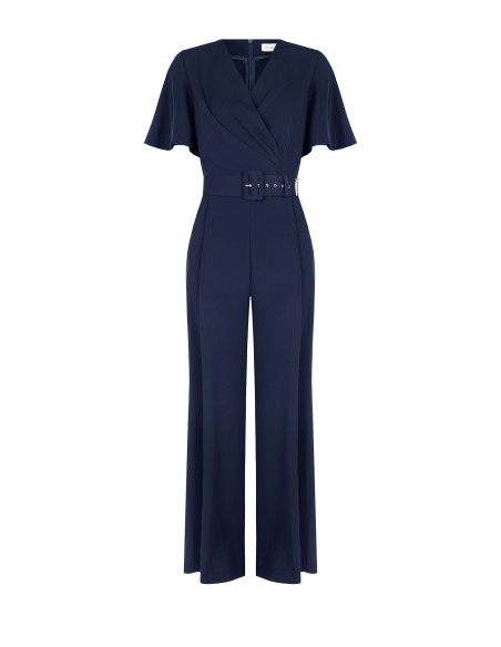 Jumpsuit van soepelvallende stof met bijpassende stevige riem en overslaghals, Rinascimento