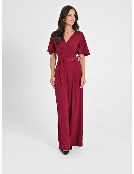 Jumpsuit van soepelvallende stof met bijpassende stevige riem en overslaghals, Rinascimento