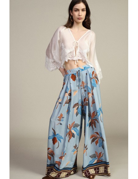 Dixie Palazzo-broek met fantasieprint, hoge taille en trekkoord