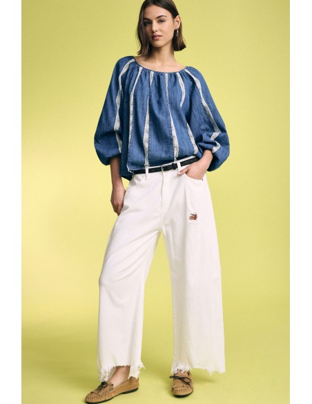 Palazzo-broek met hoge taille en rafelige zoom alsjeblieft