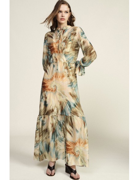 Lange jurk met aquarelprint en gerimpelde mouwen Dixie
