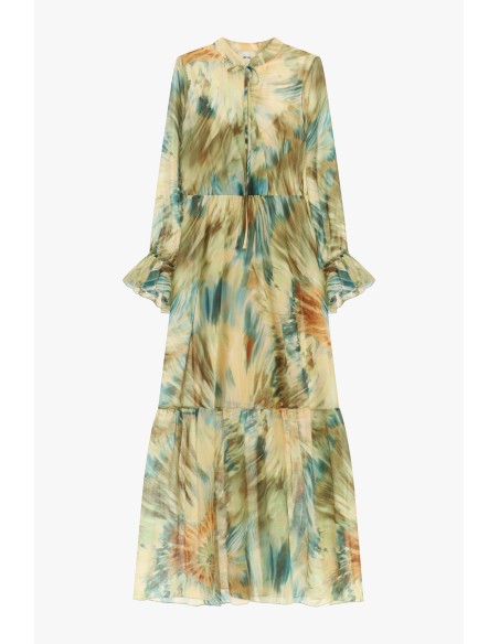 Lange jurk met aquarelprint en gerimpelde mouwen Dixie