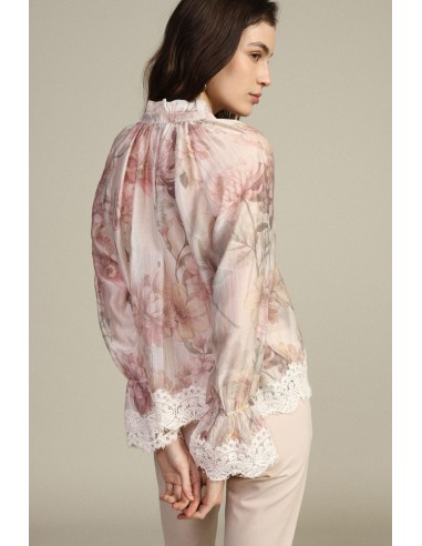 Bloes met bloemenprint, kanten biezen en wijde mouwen Dixie