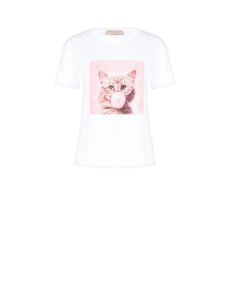 Regular T-shirt van katoen met opdruk van een kat met strassbril van Rinascimento
