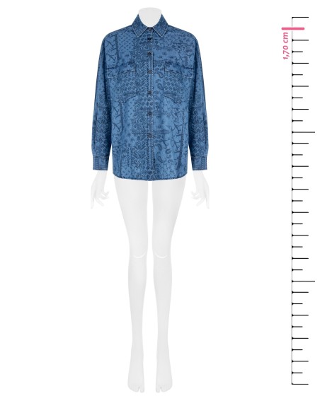 Lange oversized blouse van lichte denim met print en maxi-zakken Rinascimento