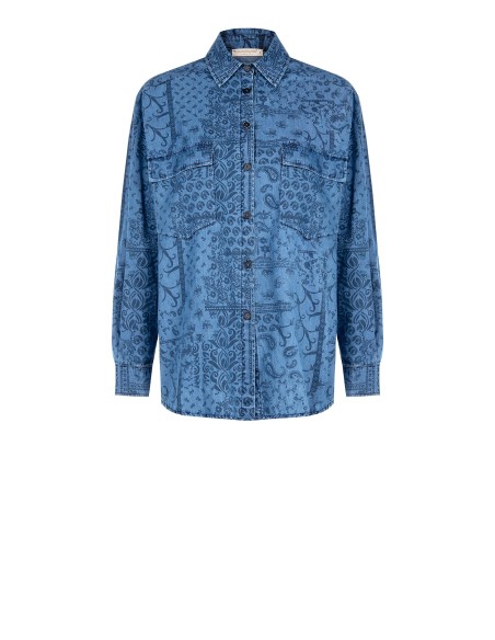 Lange oversized blouse van lichte denim met print en maxi-zakken Rinascimento