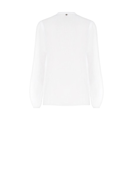 Losvallende blouse van semitransparant katoen met bloemenbroche en parelmoeren knopen Rinascimento