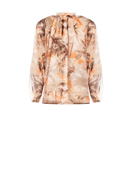 Ruime, soepel vallende blouse van bedrukte chiffon met strikjes in de hals, Rinascimento