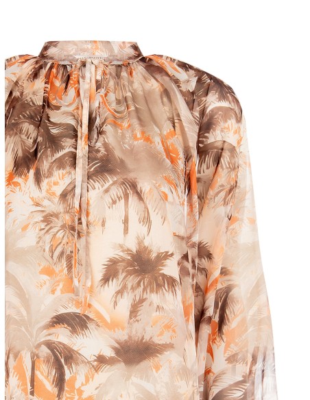 Ruime, soepel vallende blouse van bedrukte chiffon met strikjes in de hals, Rinascimento