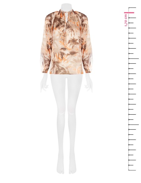 Ruime, soepel vallende blouse van bedrukte chiffon met strikjes in de hals, Rinascimento