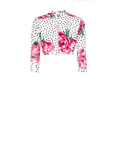 Cropped jasje met bloemen- en stippenprint van crêpestof, met haaksluiting en schouderbandjes, Rinascimento