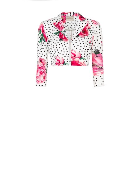 Cropped jasje met bloemen- en stippenprint van crêpestof, met haaksluiting en schouderbandjes, Rinascimento