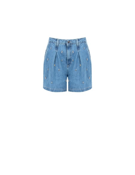Wijde korte denim broek met plooien en cabochonkristallen Rinascimento