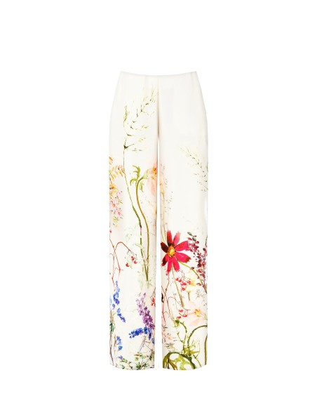 Palazzo-broek van satijn met botanische print en zakken Rinascimento