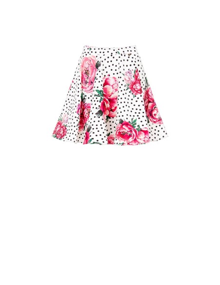 Klokvormige minirok met bloemen- en stippenprint, elastische tailleband en crêpestof – Rinascimento