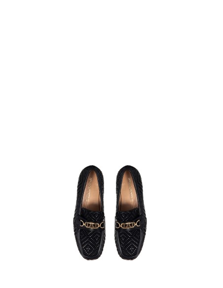 Mocassins van gevlochten stof met ruitpatroon en metalen RR-logoafwerking van Rinascimento