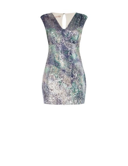 Curvy kokerjurk met open rug, bedekt met bedrukte pailletten – Rinascimento Curvy