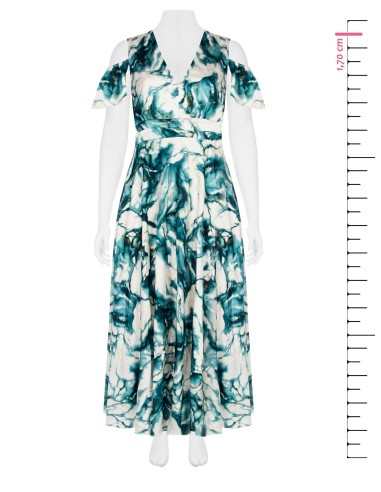 Lange jurk van bedrukte satijnstof met glitter en V-hals Rinascimento Curvy