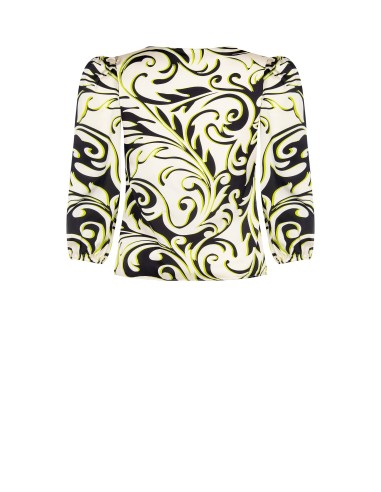 Getailleerde Curvy-blouse van bedrukte satijnstof met metalen ring aan de halslijn – Rinascimento Curvy