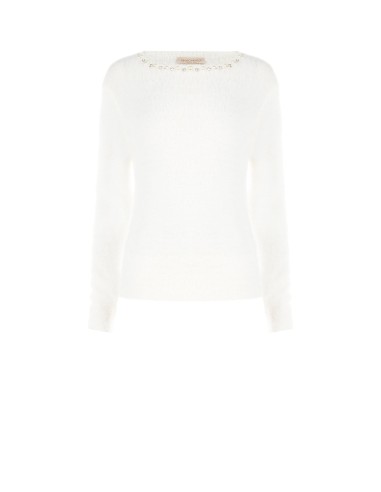 Fluffy trui met parels en strass, ronde hals, Rinascimento