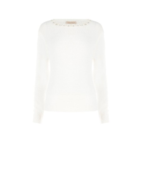 Fluffy trui met parels en strass, ronde hals, Rinascimento