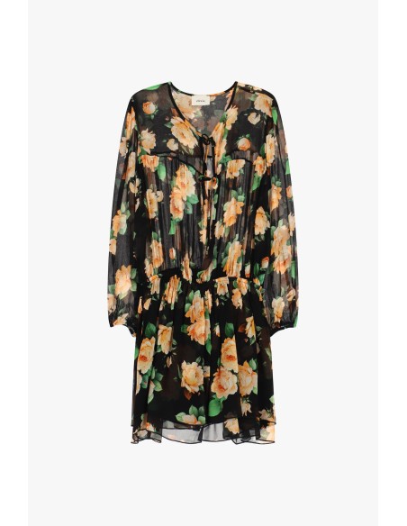 Korte jurk met bloemenprint, rimpeldetails en strikbandjes van Dixie
