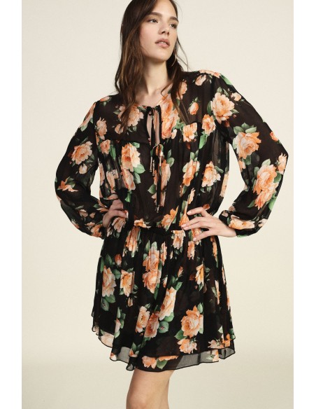 Korte jurk met bloemenprint, rimpeldetails en strikbandjes van Dixie