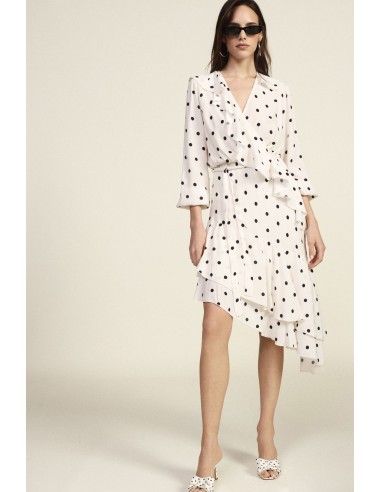 Dixie midi-jurk met stippen, volant en ceintuur