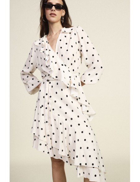 Dixie midi-jurk met stippen, volant en ceintuur