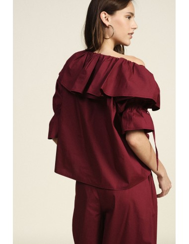 Dixie blouse met Bardot-hals, ruches en 3/4-mouwen