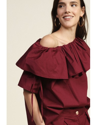 Dixie blouse met Bardot-hals, ruches en 3/4-mouwen
