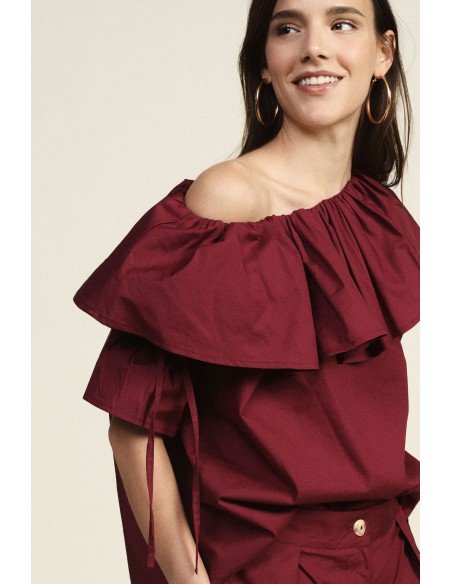 Dixie blouse met Bardot-hals, ruches en 3/4-mouwen
