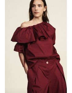 Dixie blouse met Bardot-hals, ruches en 3/4-mouwen