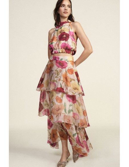 Lange asymmetrische rok met volant en bloemenprint van Dixie