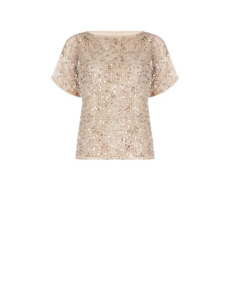 Transparante blouse van grofmazig netmateriaal met pailletten en top eronder Rinascimento