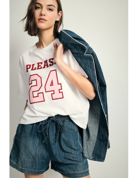 Ruim T-shirt met print op de voorkant en mouw, alstublieft