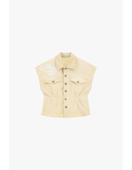 Korte denimjas met brede schouders en geborduurde details, alstublieft