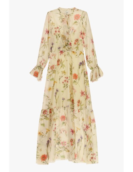 Lange jurk met bloemenprint, volant en Dixie-zoom