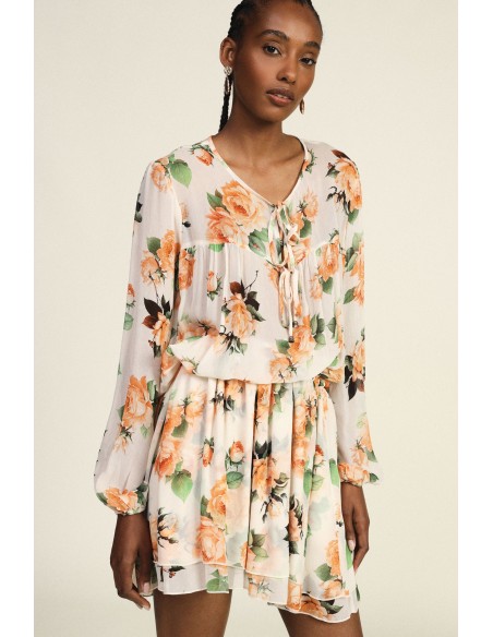 Korte jurk met bloemenprint, rimpeldetails en strikbandjes van Dixie