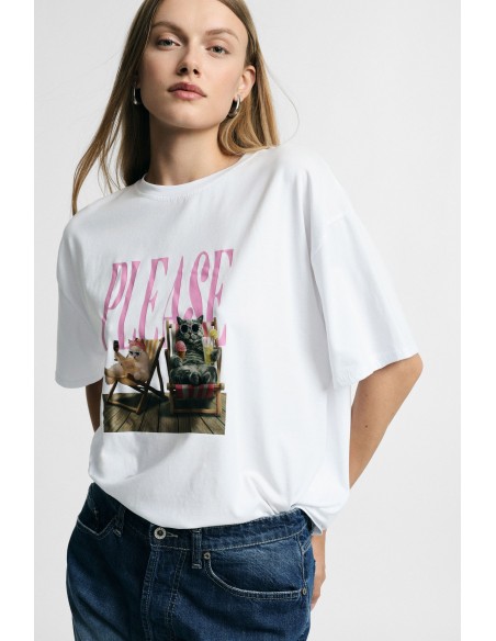 Ruimvallend T-shirt met centrale tekst- en dierenprint Please
