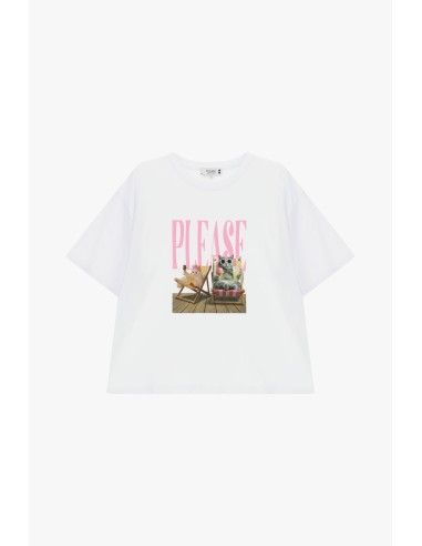 Ruimvallend T-shirt met centrale tekst- en dierenprint Please