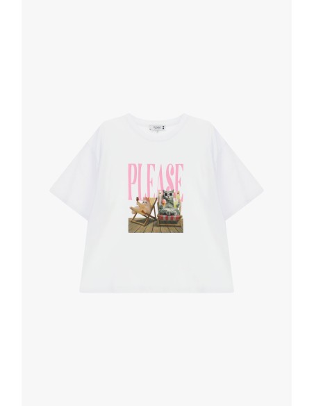 Ruimvallend T-shirt met centrale tekst- en dierenprint Please