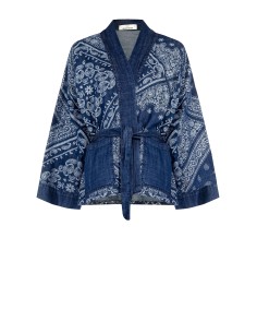 Oversized kimono-jack van bedrukte denim met bijpassende riem Rinascimento