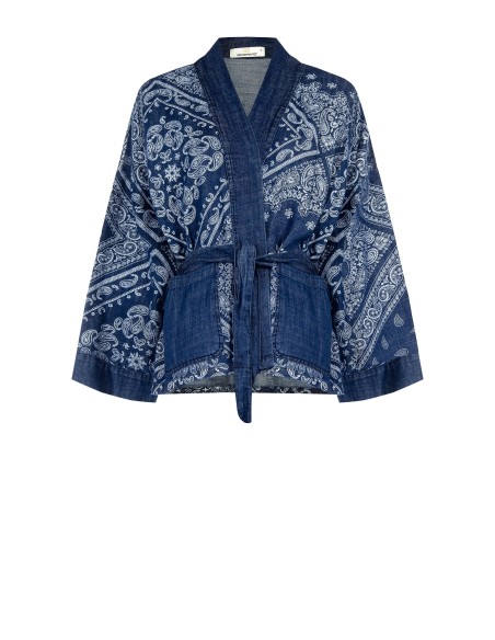 Oversized kimono-jack van bedrukte denim met bijpassende riem Rinascimento