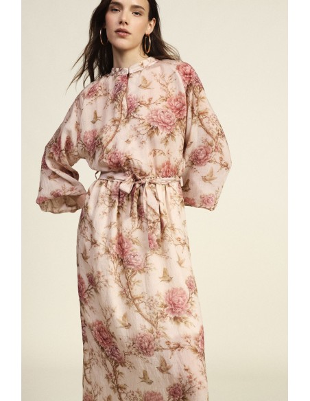 Lange jurk met bloemenprint, wijde mouwen en ceintuur Dixie