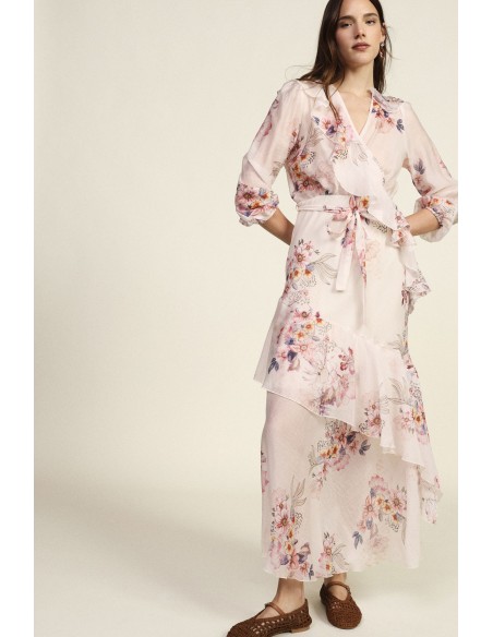 Lange jurk met bloemenprint en asymmetrische ruches Dixie