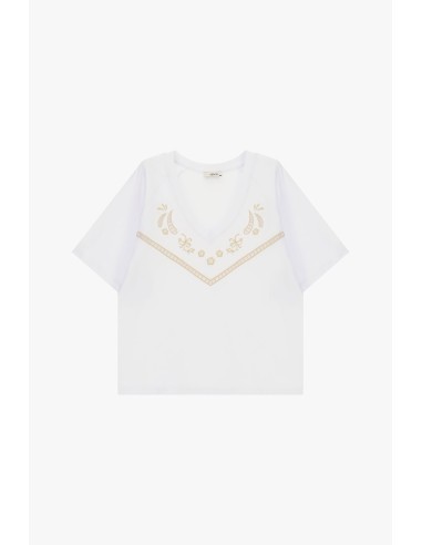 Kort T-shirt met geometrisch borduursel en V-hals Dixie