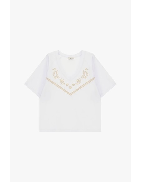 Kort T-shirt met geometrisch borduursel en V-hals Dixie